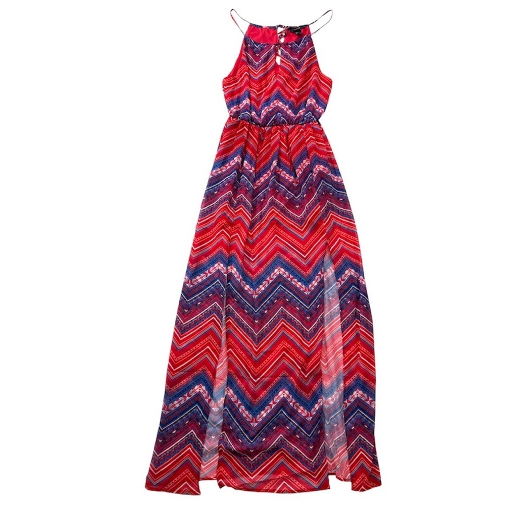 Forever 21 Halter Maxi Dress Boho Festival Chevron Red Blue Small Summer Beach